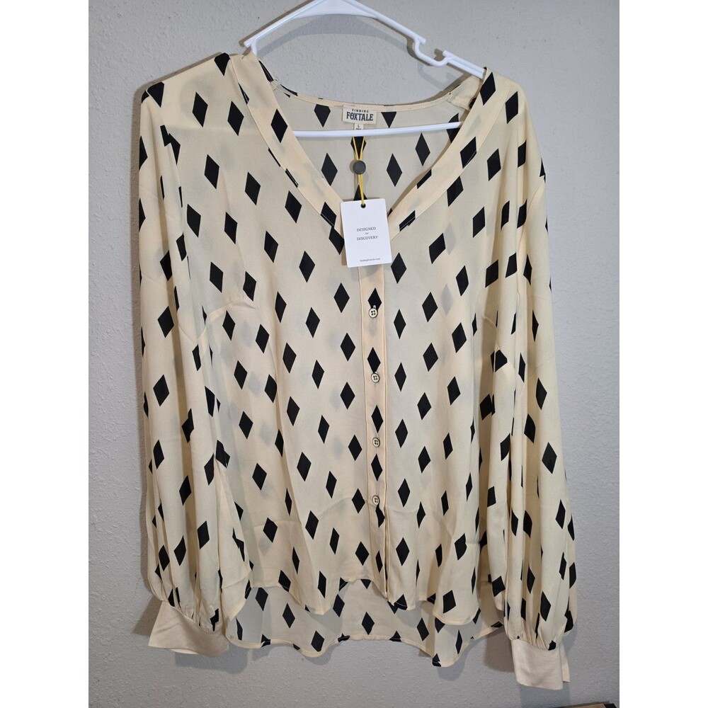 Finding Foxtale Women's Diamond Print Blouse Button Front Long Sleeve Size L NWT